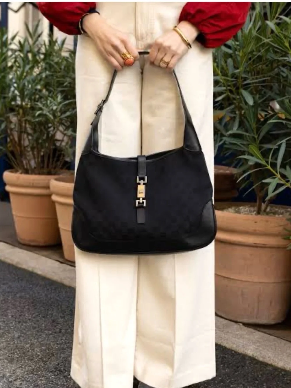 Gucci authentic Jackie hobo bag black monogram canvas black leather shoulder bag